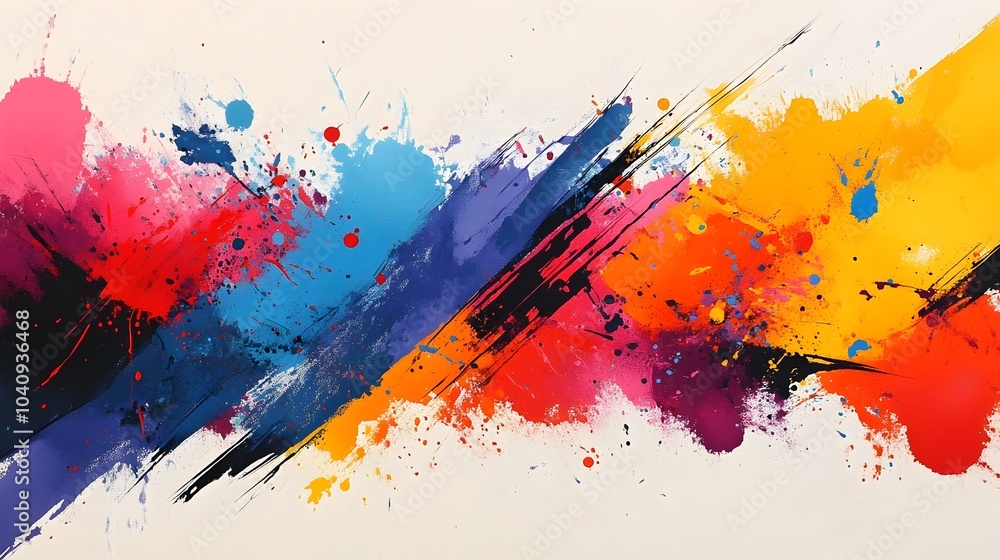 Poster chaotic watercolor splashes blocked and contrasted by sharp geometric forms creating a dynamic and e