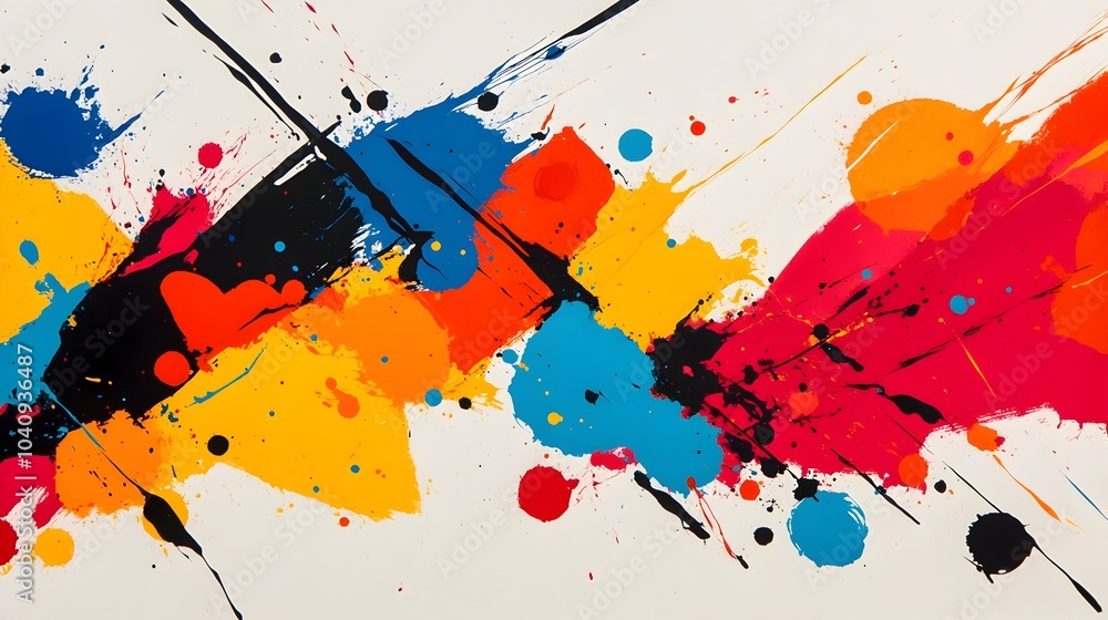 Poster chaotic watercolor splashes blocked by sharp geometric forms creating a dynamic and expressive abstr