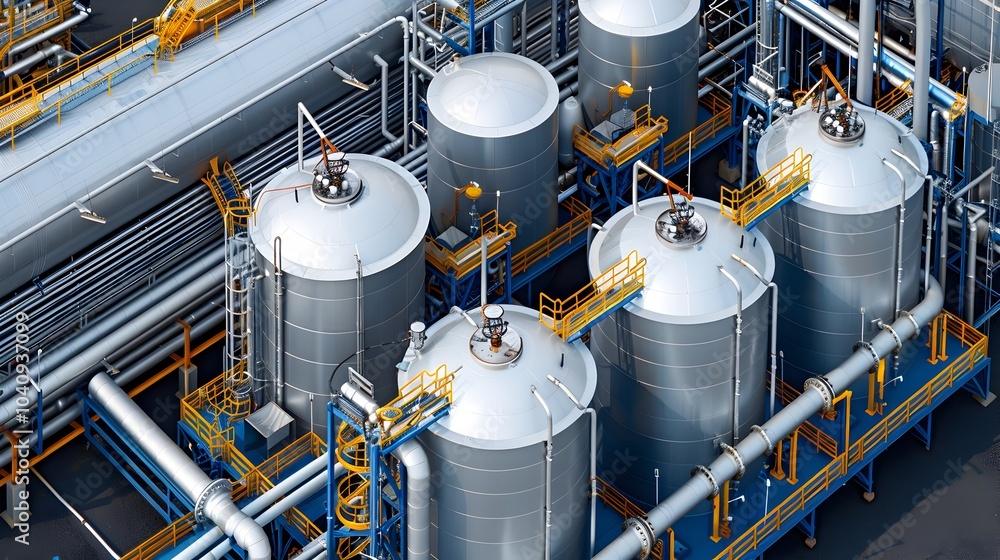 Poster expansive aerial view showcasing the sprawling layout and intricate pipeline systems of a large scal