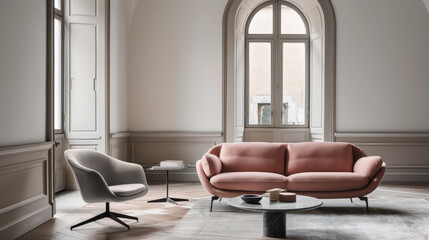 stylish modern living room featuring pastel sofa and cozy armchair, complemented by elegant architecture and natural light. serene atmosphere invites relaxation and comfort