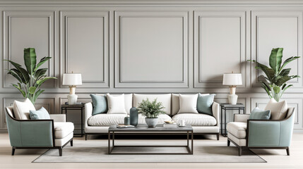 Elegant modern living room featuring pastel sofa, stylish armchairs, and decorative plants, creating serene and inviting atmosphere
