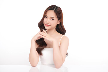 Beautiful young asian woman with clean fresh skin on white background, Face care, Facial treatment, Cosmetology, beauty and spa, Asian women portrait.