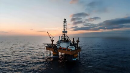 Fototapeta premium Offshore oil drilling rig operating in the middle of the ocean with workers attending to the machinery and equipment on the platform The rig is surrounded by waves and cloudy skies
