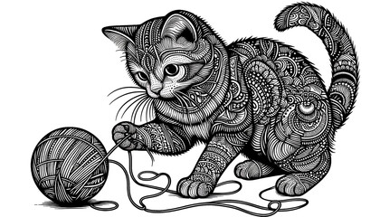 Intricate Cat Playing with Yarn Illustration