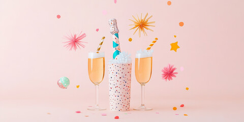 Celebrate in style with festive drinks and colorful decorations. This vibrant scene features sparkling beverages, party popper, and playful confetti, perfect for any joyful occasion