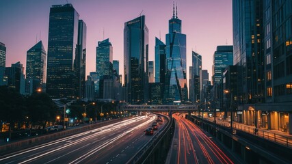 Naklejka premium A cityscape at dawn with sleek skyscrapers, glowing streetlights, and interconnected networks hum with efficient