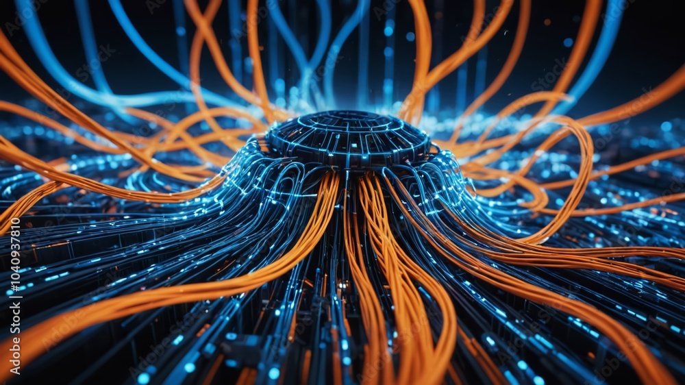 Poster a futuristic abstract representation of interconnected nodes and circuits amidst a swirling vortex o