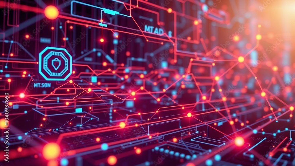 Poster a futuristic background features intricate digital circuits, interconnected nodes, and streaming dat