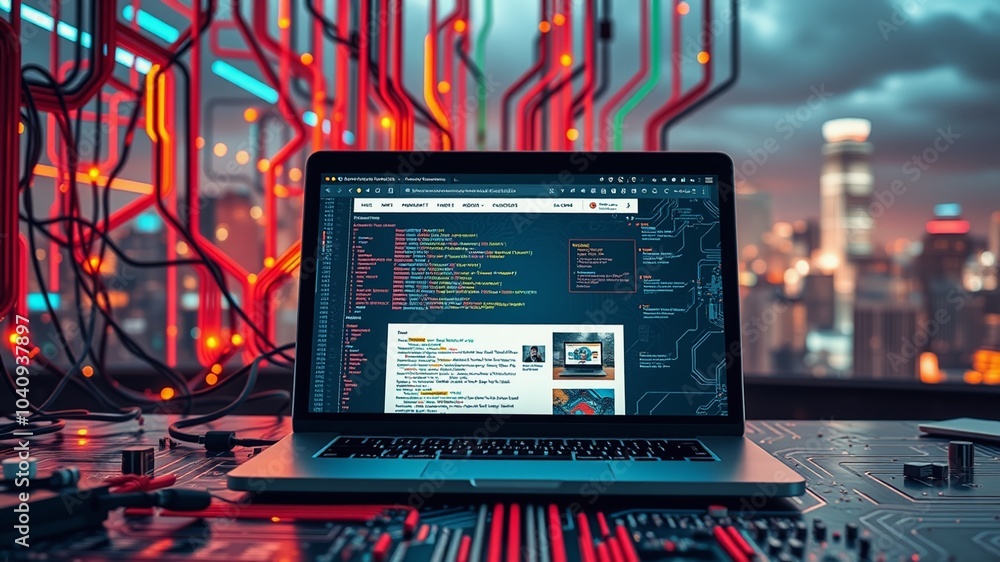 Poster a futuristic background of circuit boards, wires, and coding symbols surrounding a laptop screen dis