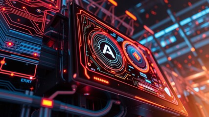 A futuristic AI-powered computer system with a sleek, glowing interface and swirling algorithms, poised to
