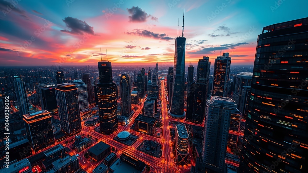 Poster a futuristic cityscape at dusk is illuminated by a network of interconnected nodes and servers, surr
