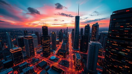 Fototapeta premium A futuristic cityscape at dusk is illuminated by a network of interconnected nodes and servers, surrounded by a