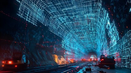 Fototapeta premium Futuristic underground subway tunnel construction site with holographic grids and real time digital plans projected in the work zone