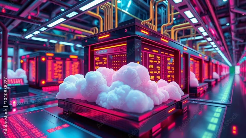 Poster a futuristic, cloud-based infrastructure hums with activity, protected by intricate layers of encryp