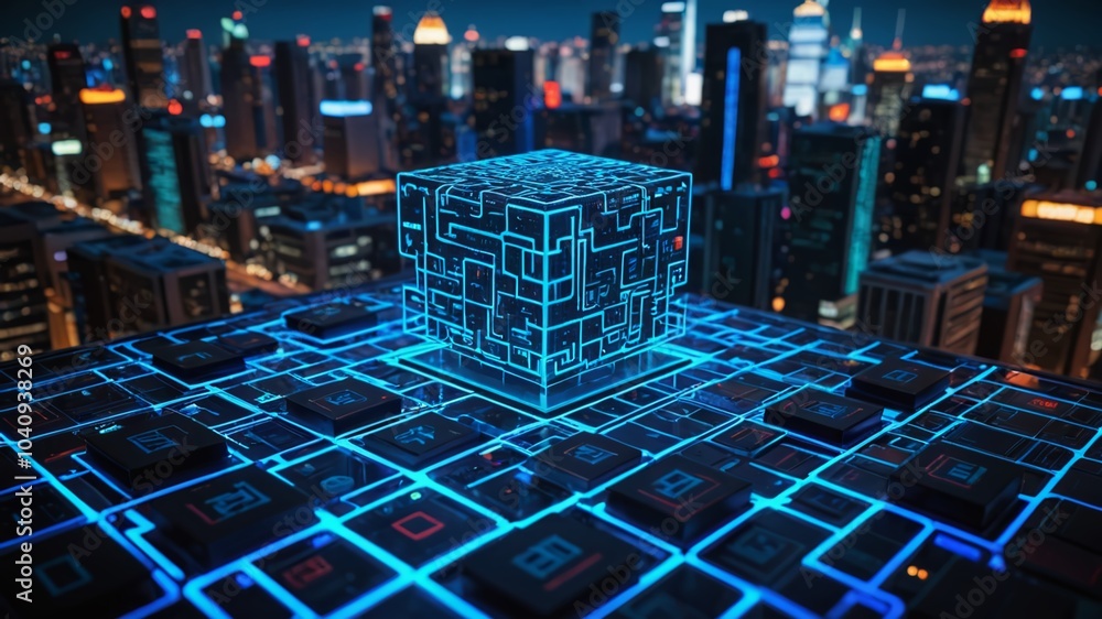 Poster a futuristic computer system displaying a complex network of interconnected blocks, with glowing blu