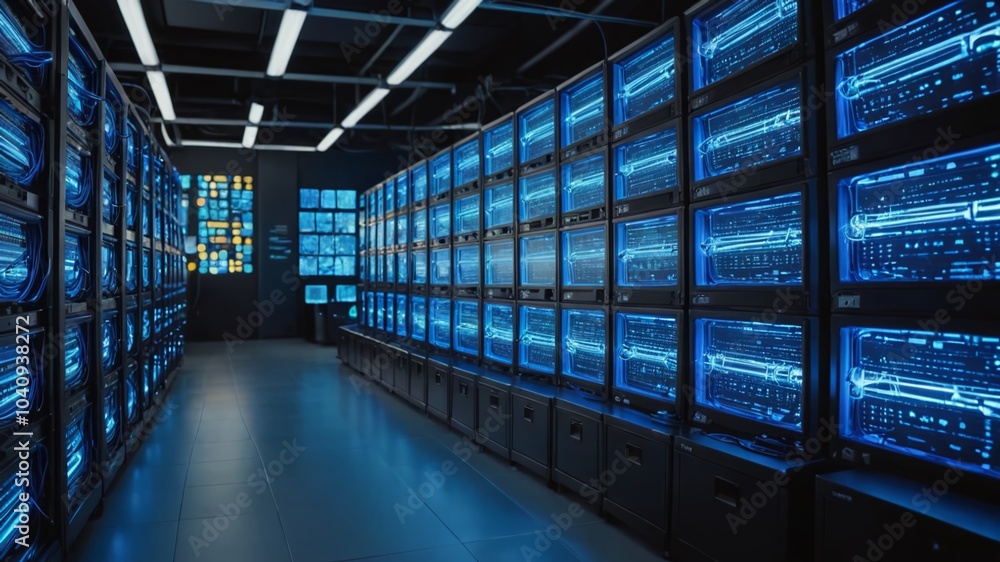 Poster a futuristic computer laboratory setup with rows of humming servers, glowing blue screens, and tangl