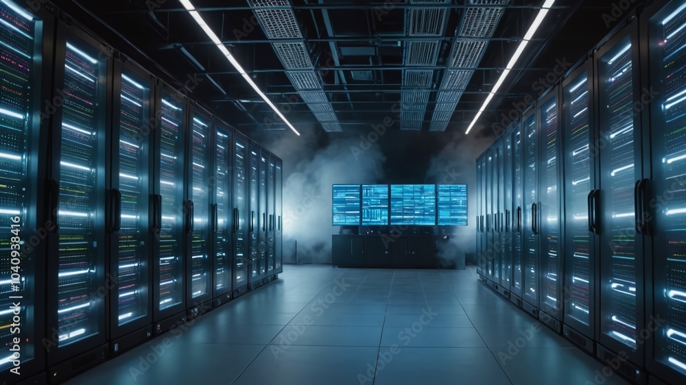 Poster a futuristic data center humming with activity, illuminated rows of servers and storage units proces