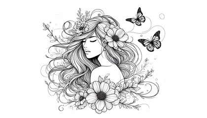 Fototapeta premium Elegant Woman with Flowers and Butterflies Illustration