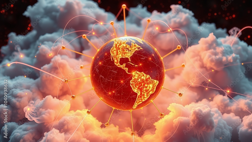 Poster a futuristic digital concept featuring a globe surrounded by interconnected nodes and wispy clouds, 