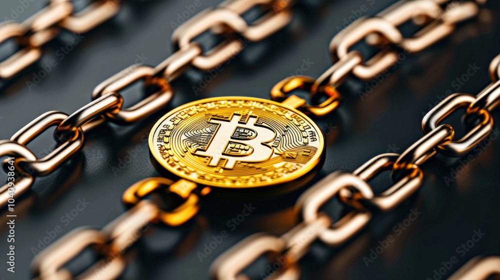 Poster golden bitcoin coin rests on series of interlinked chains, symbolizing strength and security of bloc