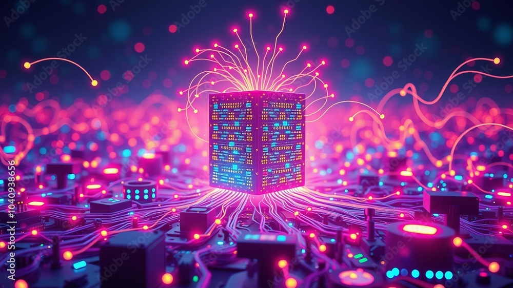 Poster a futuristic data hub rises from a sea of interconnected devices, illuminated by vibrant lights and 