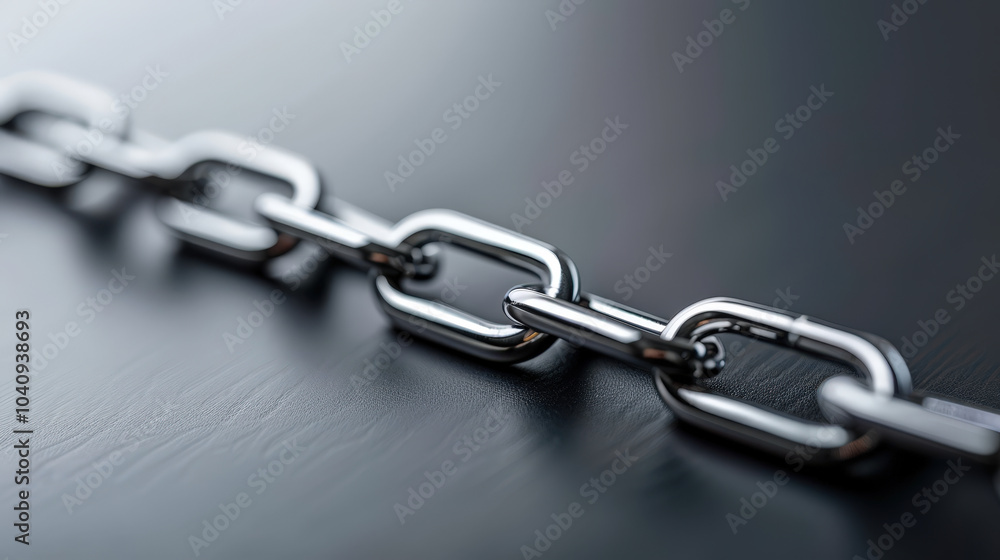 Poster close up view of shiny metal chain links, showcasing their interconnection and strength. image highl