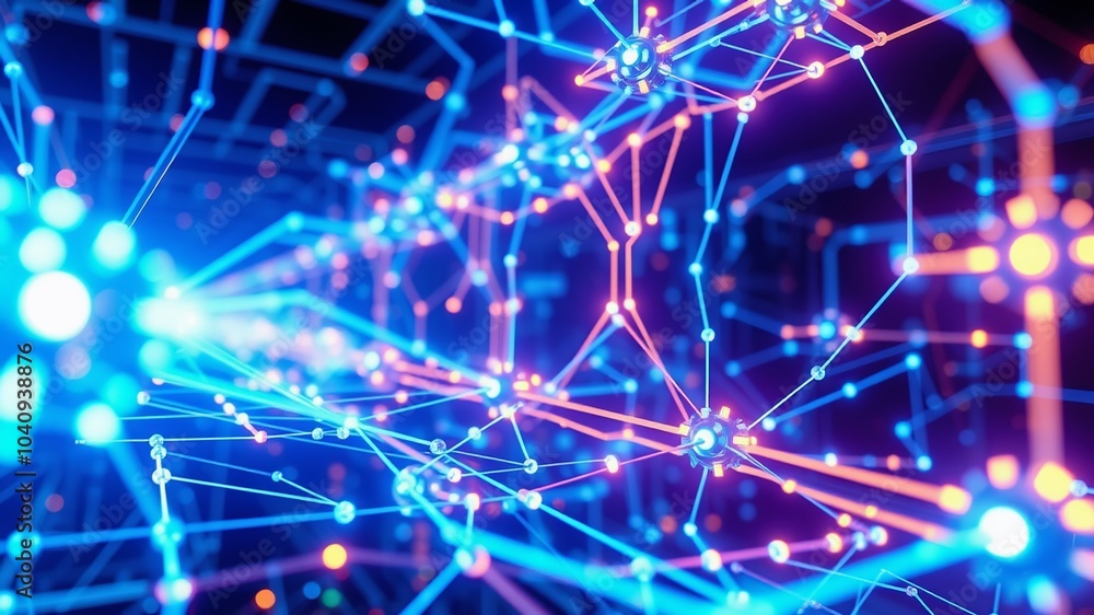 Poster a futuristic, high-tech infrastructure of interconnected nodes and pulsing blue lines represents the