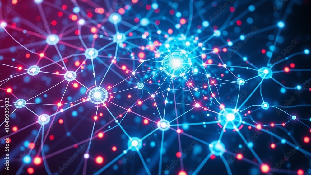 Poster a futuristic interface displaying a complex network of interconnected virtual nodes and fibers, illu
