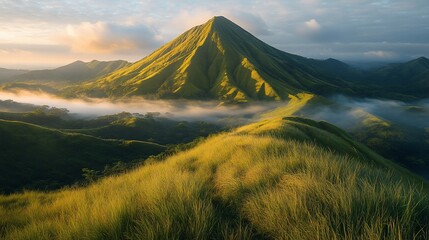 Obraz premium A majestic mountain peak with a rolling grassy hillside in the foreground, bathed in the soft light of dawn.