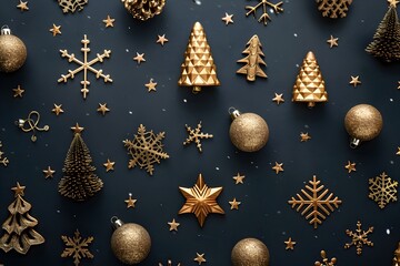 Fototapeta premium A bunch of gold christmas ornaments on a black background