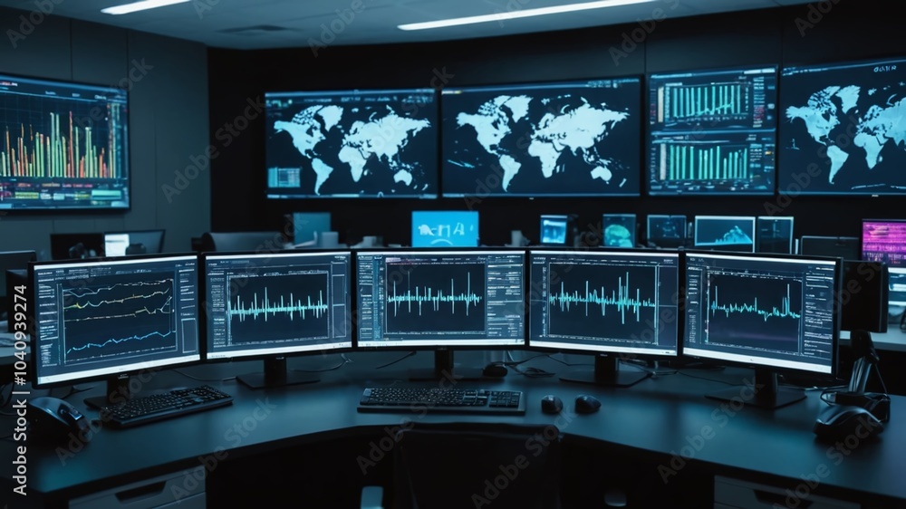 Poster a futuristic office setting with monitors, laptops, and software interfaces dominating the space, su