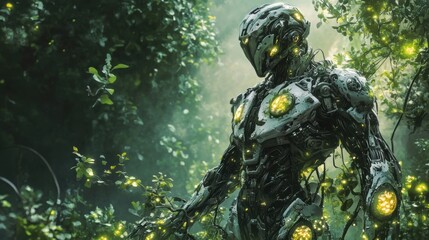 A humanoid robot with intricate, organic-like armor, emerging from a dense