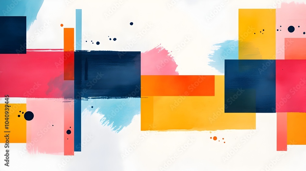 Poster captivating abstract artwork featuring watercolor splashes and fluid forms interacting with geometri