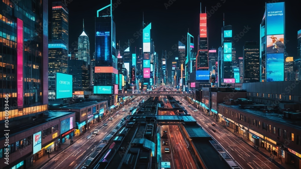 Poster a futuristic urban landscape illuminated by digital interfaces, complex algorithms, and sleek machin