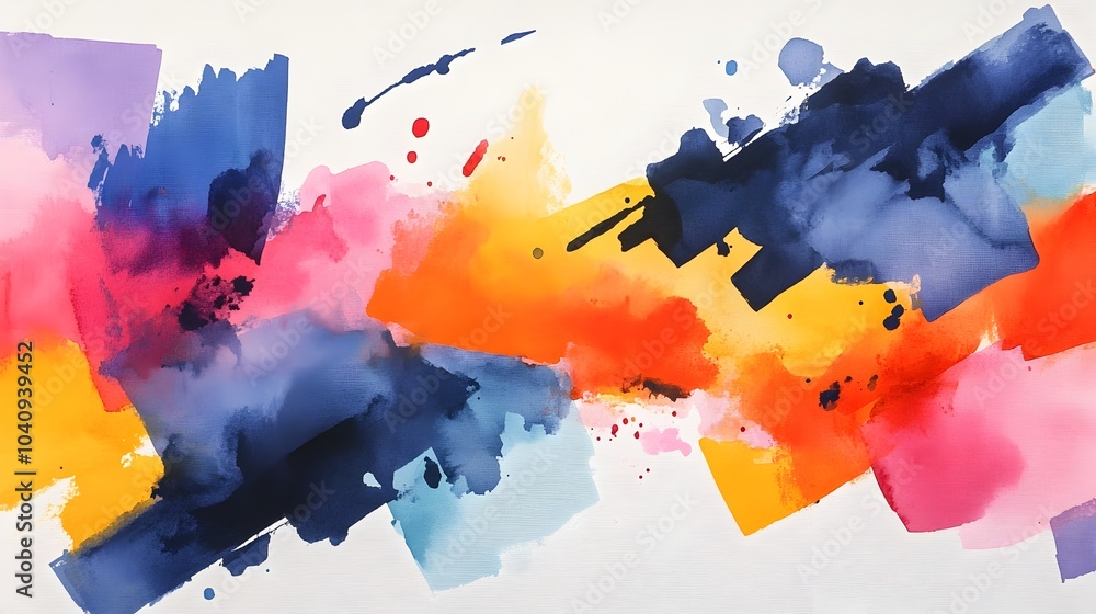 Poster vibrant watercolor splashes intertwining and swirling around dynamic geometric barriers creating an 