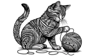 Playful Cat with Yarn Illustration