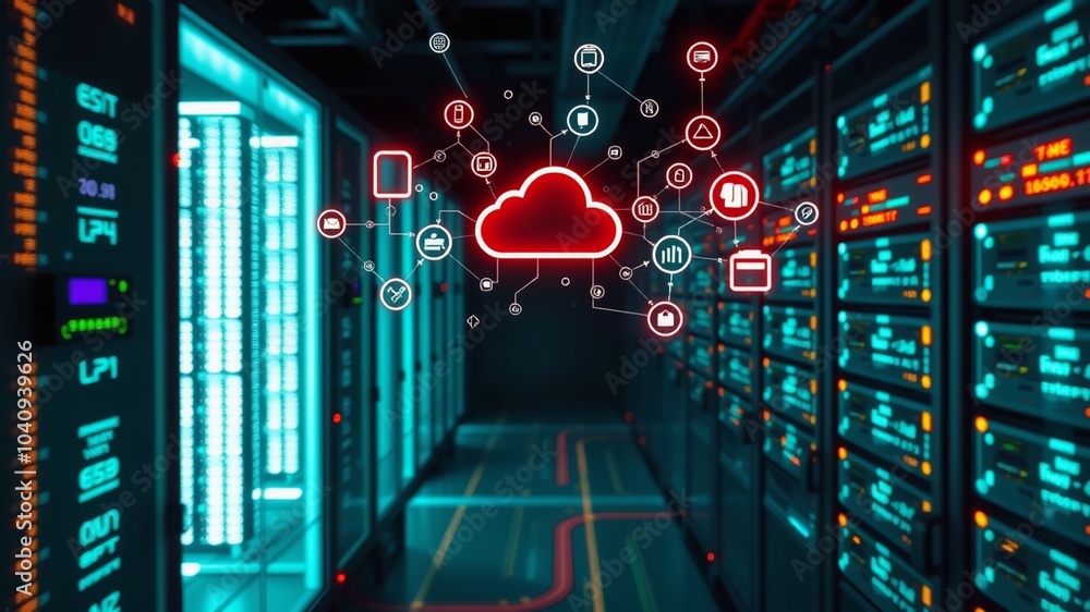 Poster a network of interconnected devices, including sensors and servers, is depicted in a futuristic data
