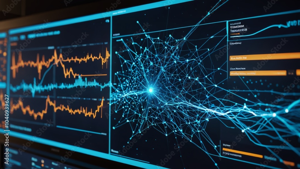 Poster a network of interconnected nodes and dashboards on a sleek high-tech interface, illustrating a seam