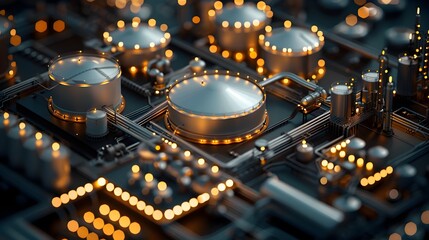 Aerial panoramic view of an expansive oil refinery plant surrounded by large storage tanks processing equipment and industrial machinery against an urban skyline backdrop