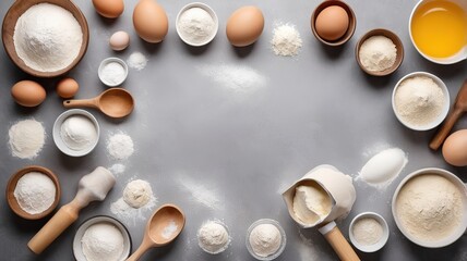Flour, eggs, and rolling pin in a top view flat lay, perfect for baking inspiration on a grey background.