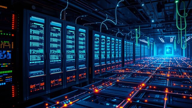A network of interconnected servers, nodes, and data centers humming with digital activity, illuminated by ethereal