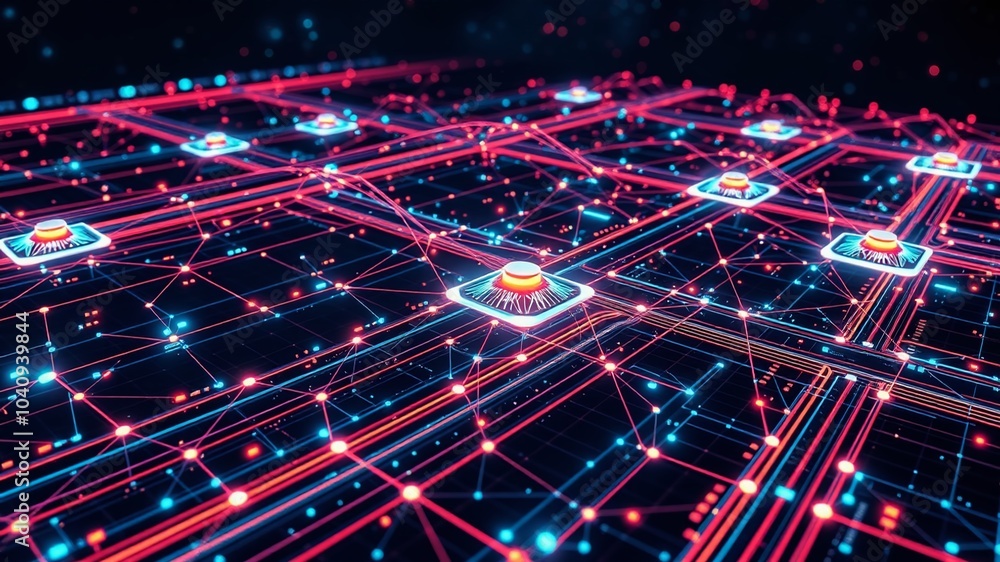 Poster a sleek, futuristic interface displays a network of interconnected nodes and tracks, showcasing a de