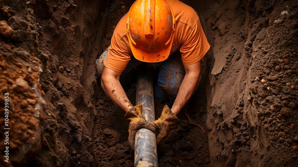 Poster team of workers installing new pipelines at an onshore oil processing facility working on infrastruc
