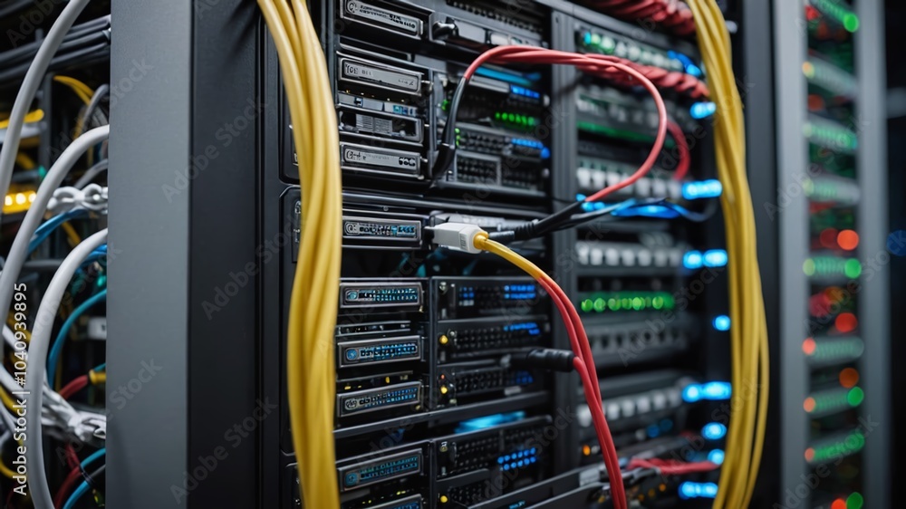 Poster a sophisticated network of interconnected nodes and cables hums with activity as a shielded server p