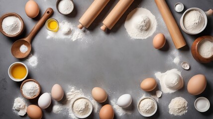 Top view of baking ingredients: flour, eggs, and a rolling pin on a grey background. Flat lay style.