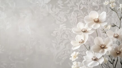Elegant White Flowers Against Ornate Floral Wallpaper Background in Soft Light