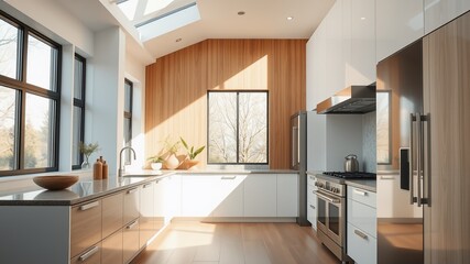 Bright Contemporary Kitchen with Bokeh Effect and Natural Light for Interior Design Photography