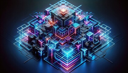 Futuristic Neon Geometric Grid: High-Resolution Digital Artwork Featuring Interconnected 3D Shapes, Vibrant Electric Blue, Cyan, Violet, and Magenta Colors with Realistic Light Refraction