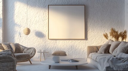 Minimalist living room with a blank canvas on the wall, a sofa, an armchair, and a coffee table.