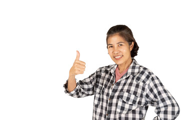 A smiling woman giving a thumbs-up gesture, expressing approval or positivity, set against a white...